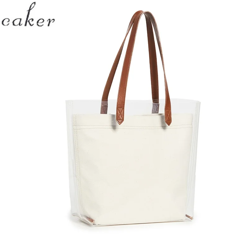 

Caker Brand 2019 Women Large Big PVC + Canvas Handbag High Quality Summer Beach Bags