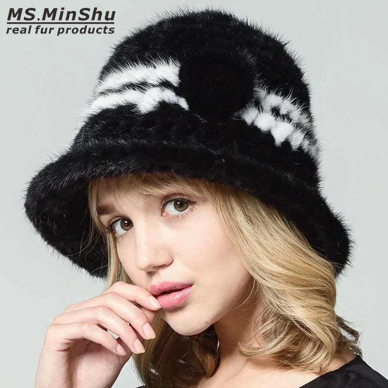 Najtaniej Ms. MinShu prawdziwe futro z norek kapelusz ręcznie dzianiny 100% prawdziwe czapka z futra norki zima ciepła czapka moda damska czapka kobiety kapelusz