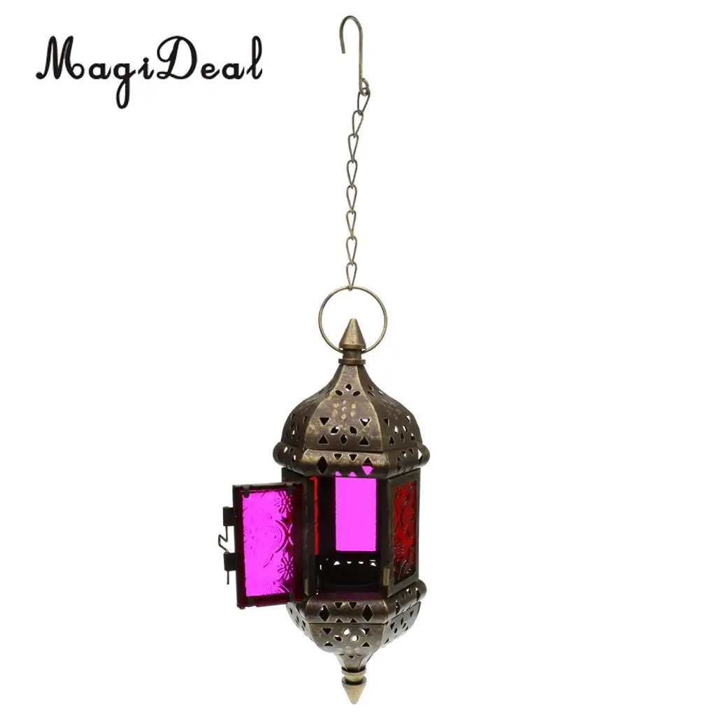 2pcs Glass Hanging Moroccan Candle Lanterns Wind Light Candle Lamp Candleholder with 66cm Iron Chain