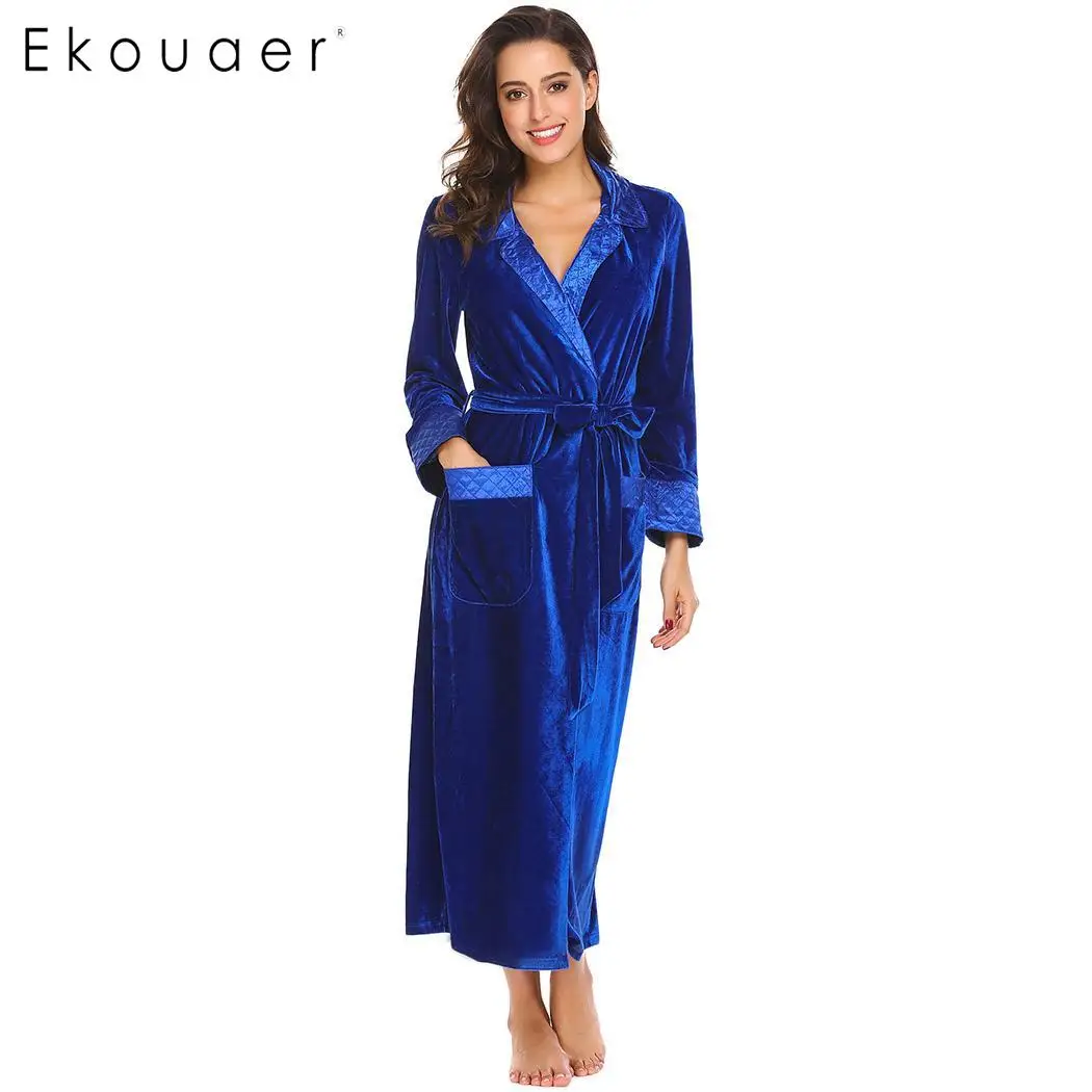 Ekouaer Women New Winter Robes Bathrobes Casual Turn Down Collar Long Sleeve Patchwork Pocket Velvet Robe with Belt Nightwear - Color: Cobalt blue