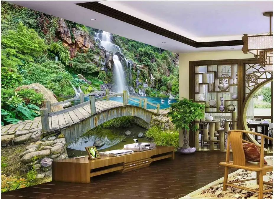 Пользовательские фото 3d обои нетканый настенные Mountain Весна поток водопад пейзаж мосты 3D настенные фрески обои современный