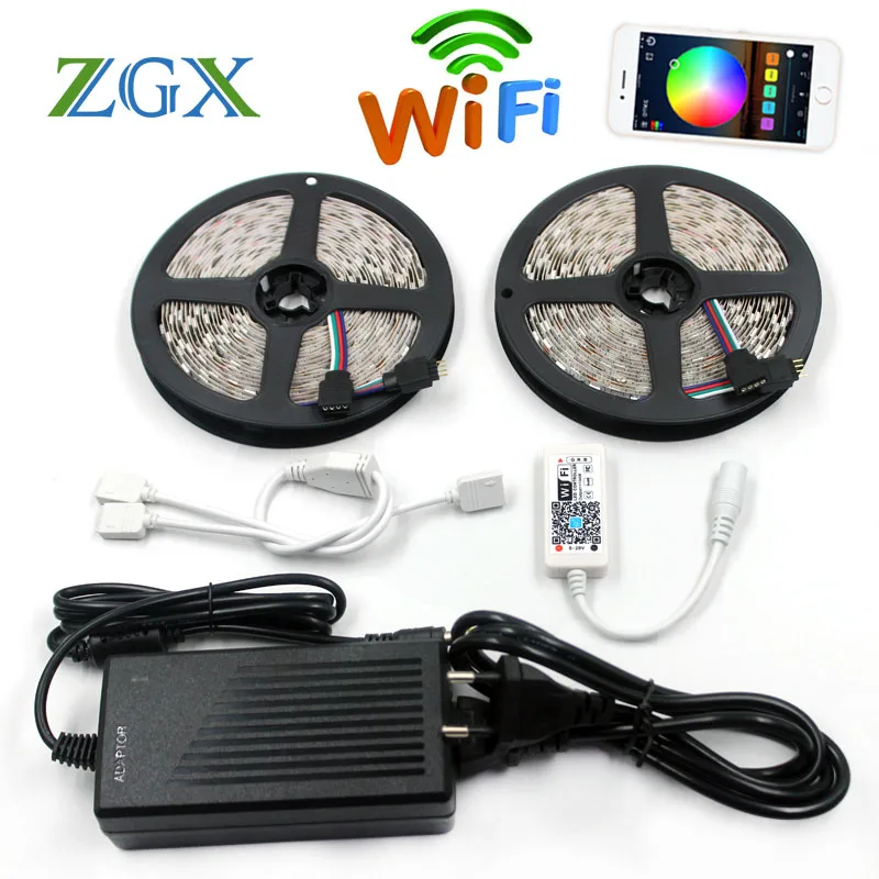 

ZGX SMD 5050 WiFi LED Strip RGB 5M 10M 60led/m Light Flexible Tape ribbon string IP 65 Waterproof DC 12V adapter set indoor 220V