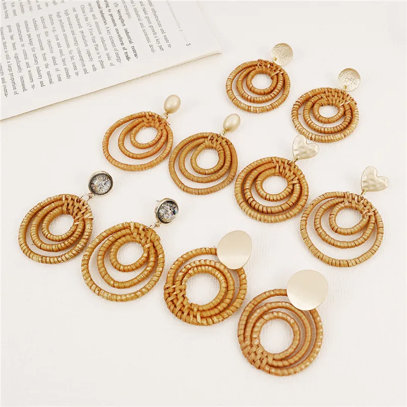 

Korea Handmade Wooden Straw Weave Rattan Vine Braid Geometric Big Circle Square Long Drop Earrings For Women Girls Jewelry Gifts
