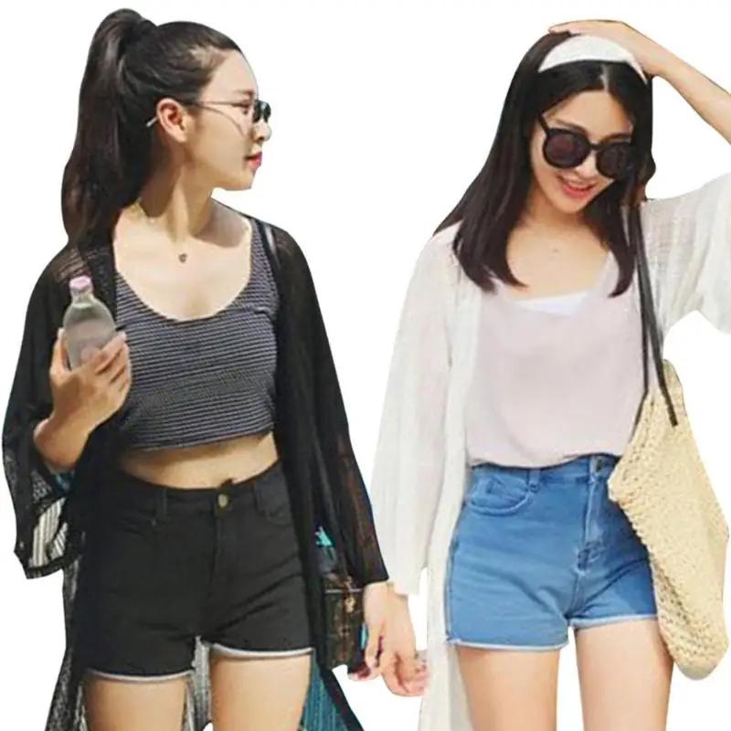 

2019 New Hot Women Summer Cardigan Solid Color Sun Protection Thin Beach Shawl Mesh Tops Feminina Mujer Cycling Sets
