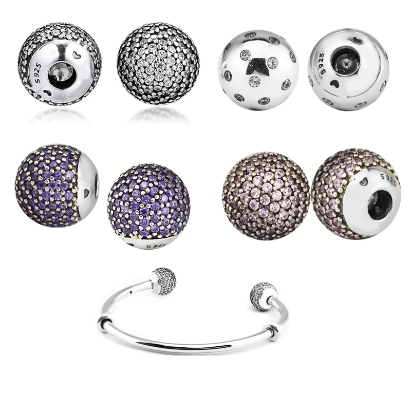 

Round Pave Beads Fit Pandora Bracelet DIY 100% 925 Sterling Silver Zircon Cap Ball Charms Fit Open Bracelet Bangle PFB046