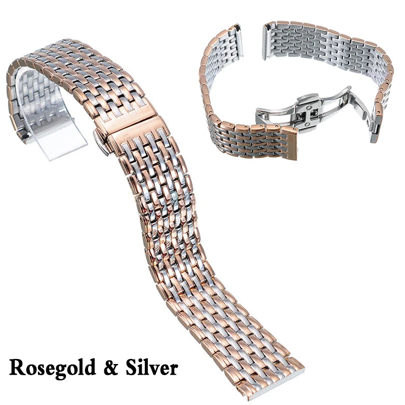 20 22mm Stainless Steel Wrist Watch Band Strap Silver Rose Gold Double Butterfly Clasp Buckle Bracelet For Men Women Relojes