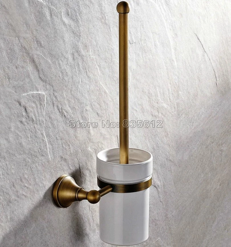 Antique Brass Wall Mounted Bathroom Ceramic Cup and Brass Toilet Brush