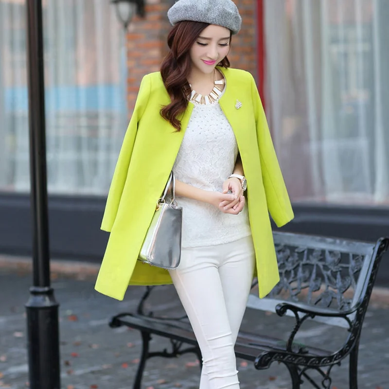 MCCKLE модное женское длинное шерстяное пальто с круглым вырезом, одноцветное OL пальто с длинным рукавом, осень, женская тонкая верхняя одежда, кардиган - Цвет: Fluorescent green