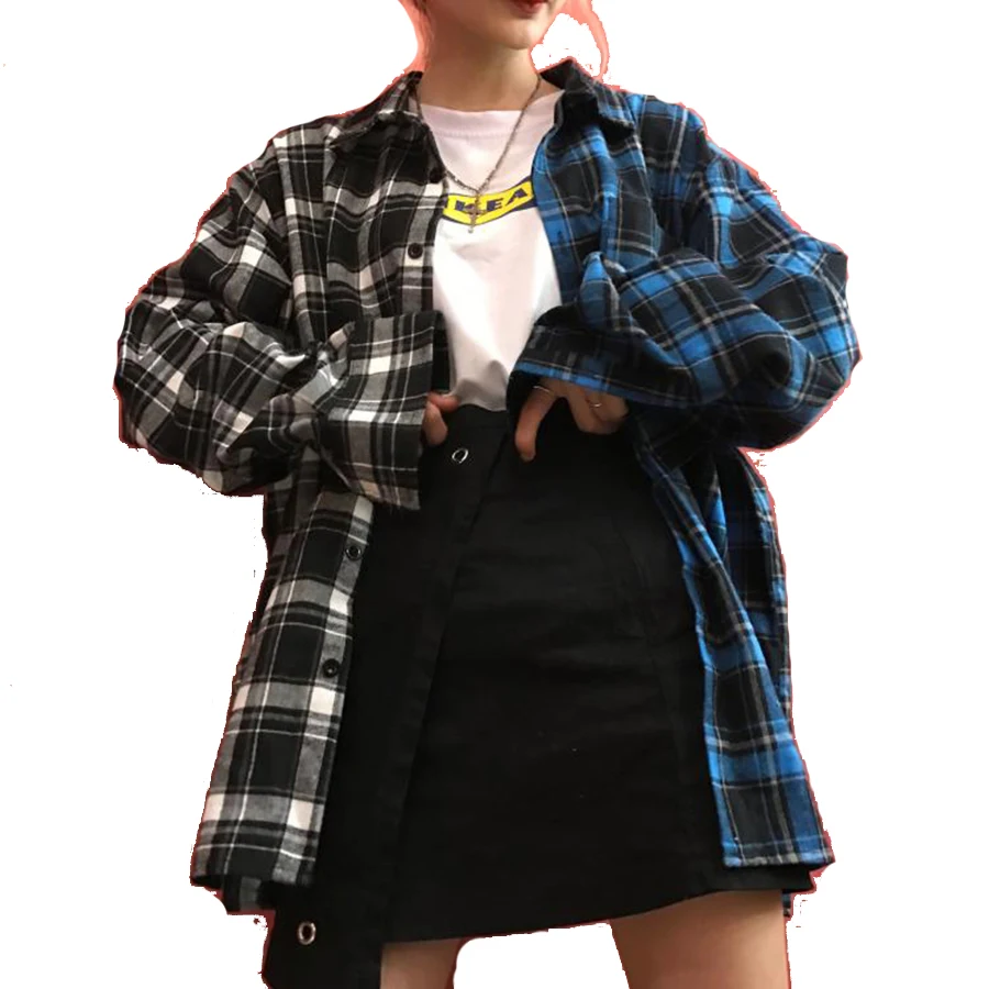 Свободная клетчатая рубашка Женская Повседневная Лоскутная блуза с длинным рукавом Уличная корейская модная одежда женские топы и блузки 50D0001