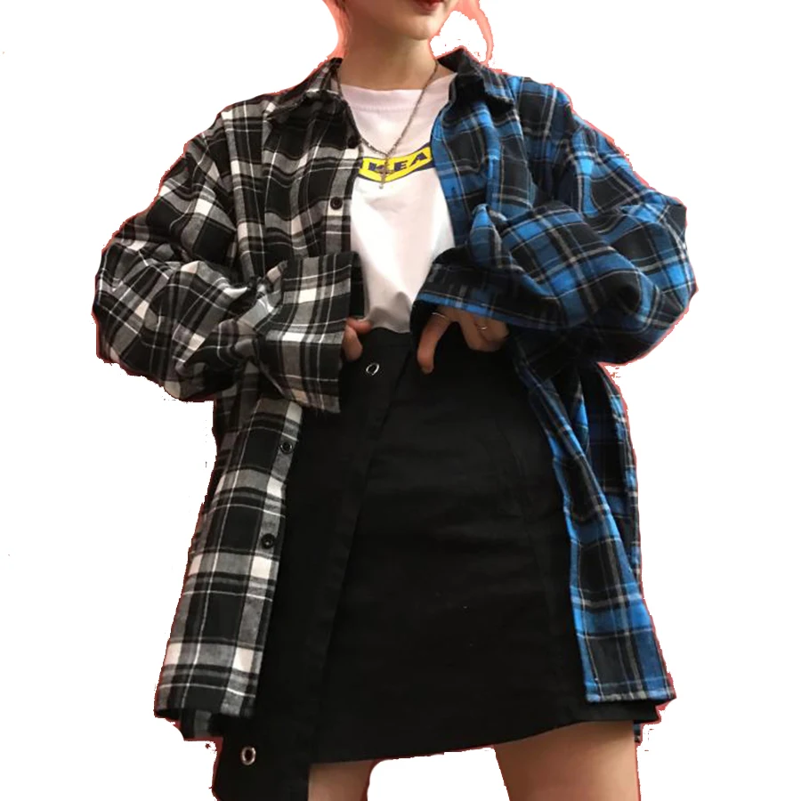 Loose Plaid Shirt Women Casual Long Sleeve Patchwork Blouse Streetwear...