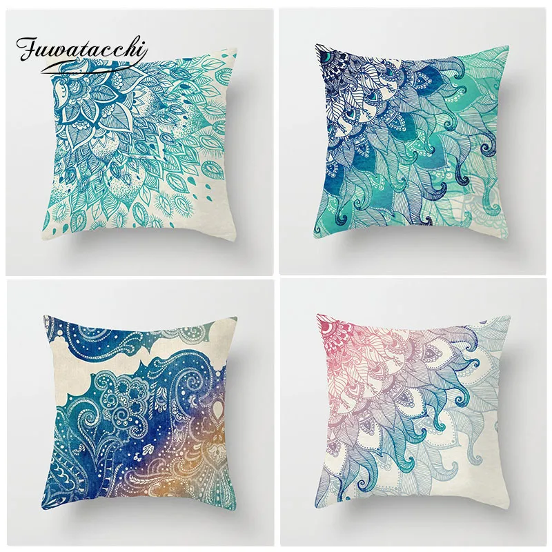

Fuwatacchi Flower Cushion Cover Mandala Pillow Cover For Decor Home Sofa Chair Bedroom Decorative Square Blue Pillowcase