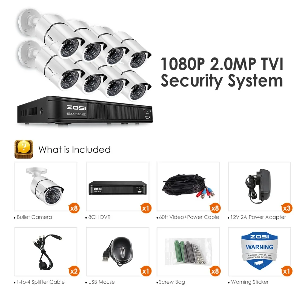 ZOSI 8CH CCTV система 1080P HDMI TVI 8CH DVR 8 шт 2,0 МП уличная инфракрасная камера видеонаблюдения 3000TVL камера система видеонаблюдения