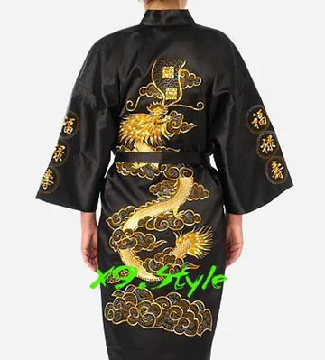 Черный традиционный китайский menb Silk Satin Robe Вышивка кимоно платье Дракон Лето пижамы Размеры размеры S M L XL XXL, XXXL mr090