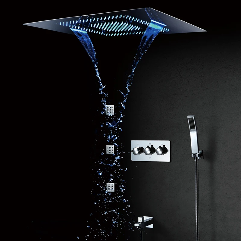 LED Shower Head Waterfall Rainfall Bathroom Shower Faucets Mixer Massage 304 Stainless Steel 600*800mm Shower Set Polished LED Shower Head Waterfall Rainfall Bathroom Shower Faucets Mixer Massage 304 Stainless Steel 600*800mm Shower Set Polished