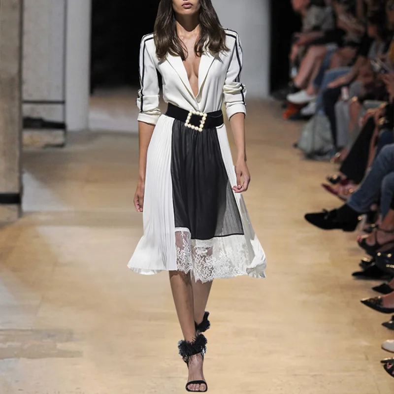 

New 2019 shows suit collar color matching accept waist bud pleated s with belt elegant temperament