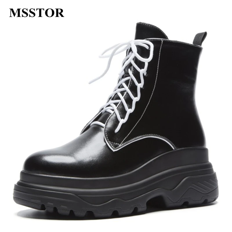 

MSSTOR Casual Round Toe Platform Boots Women Comfortable White Autumn Winter Ankle Boots 2018 Mixed Colors Lace Up Boots 6CM