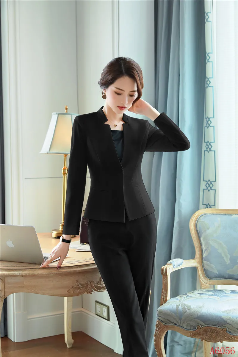 Женский черный Блейзер, женские деловые костюмы, деловой костюм для офиса, брюки и куртка, комплекты униформы