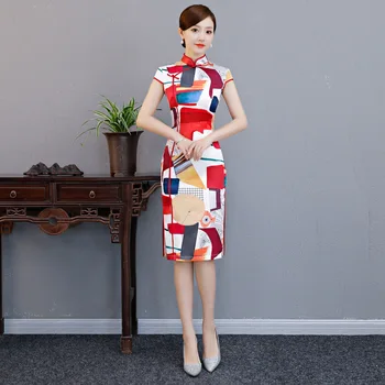 

Elegant Business Short Sleeve Dress Sexy Rayon Print Flower Hight Split Qipao Chinese Women Mandarin Collar Cheongsam M-XXXL