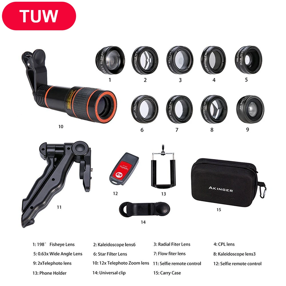 

2018 New Convenient Camera lens 13 in 1 Akinger mobile phone lens Kit Fisheye Wide Angle macro 12X telescope for smartphones
