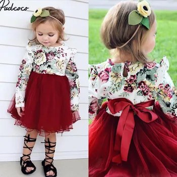 

Elegant Baby Girl Party Dresses 2017 New Children Kids Girls Tulle Mesh Flower Dress Cotton Long Sleeve Tutu Festival Dresses