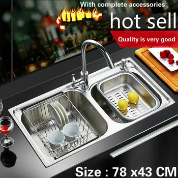 Price Free Shipping Food Grade 304 Stainless Steel Hot Sell Kitchen Sink 0.8 Mm Ordinary Double Trough Do The Dishes 78x43 CM