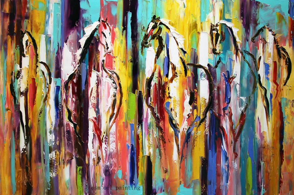 High Skill Hand painted Abstract Five Horses Knife Sharpener Oil Painting on Canvas Wall Art Pictures Home Decor for Hotel | Дом и сад