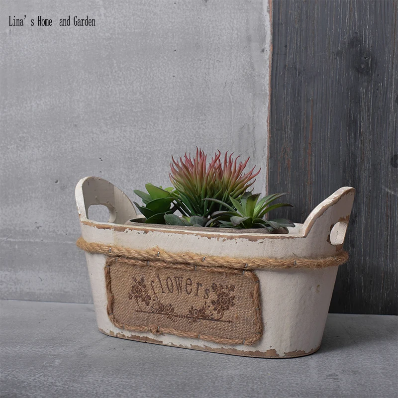 

distressed vintage handmade white wooden oval shape decorative flower pot