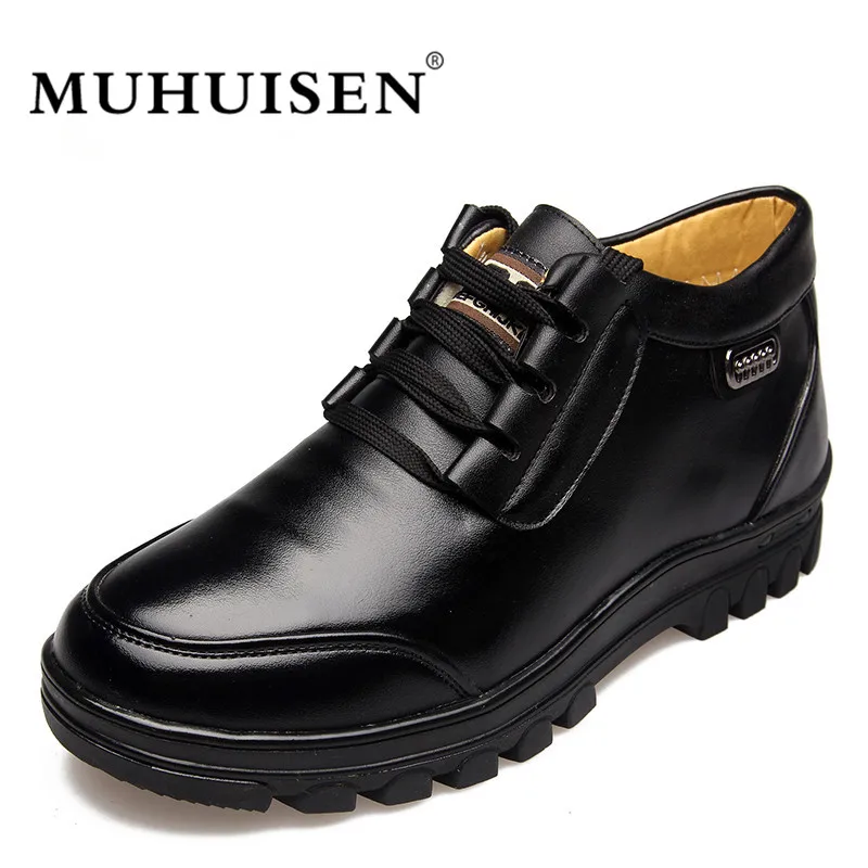 

MUHUISEN Top Quality Genuine Leather Shoes Men Casual Flat Winter Plush Warm Fur Slip On Shoes Comfortable Male Lace-Up Footwea