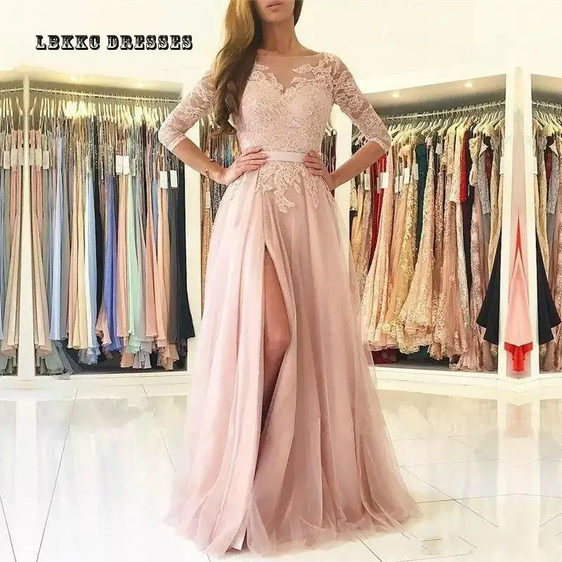 

Pink 3/4 Sleeve Evening Dresses Long 2019 Sexy Backless High Slit Formal Party Gowns Robe De Soiree Vestidos De Festa Longo