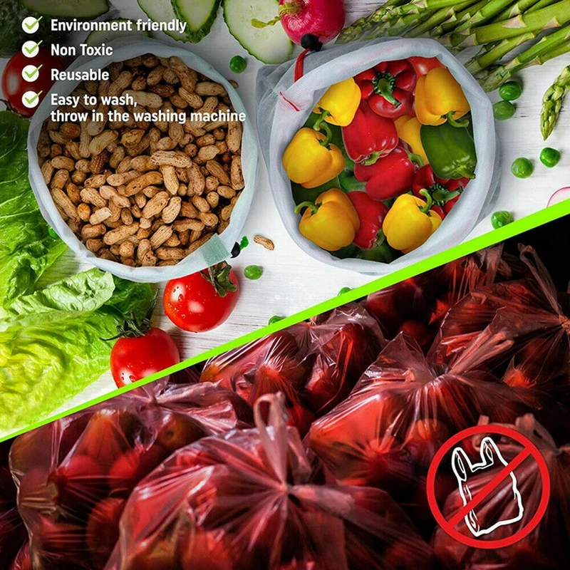Многоразовые мешки для продуктов 12 упаковок черный веревочный сетчатый мешок