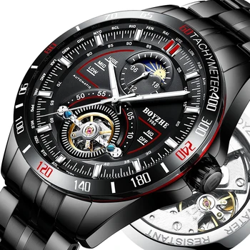 

Men's Automatic Mechanical Watch Tourbillon Moon Phase Luxury Stainless Steel Strap Skeleton Sport Watches Men relogio masculino