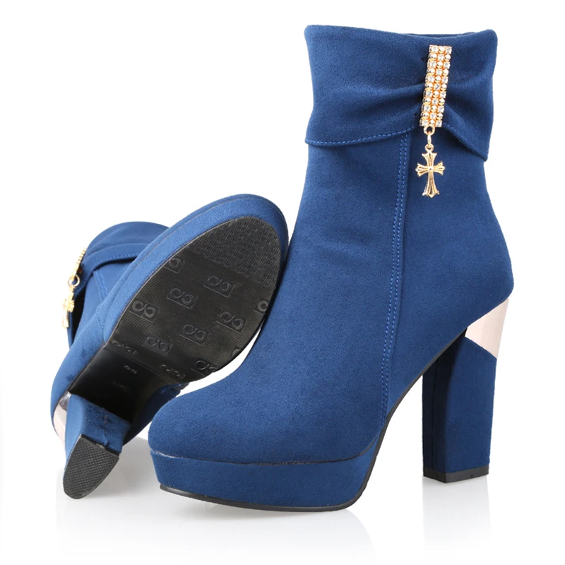 

2018 Women Ankle Cute 10cm High Heels Platform Martin Boots Winter Cross Short Red Boots Female Lady Block Crystal Blue Shoes
