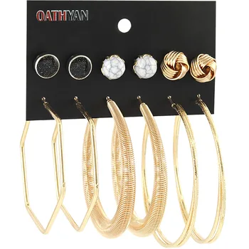 

OATHYAN 6 Pairs/set Punk Oversize Hoop Earrings Set Mix For Women Gold Color Metal Big Circle Earring Female Statement Jewelry
