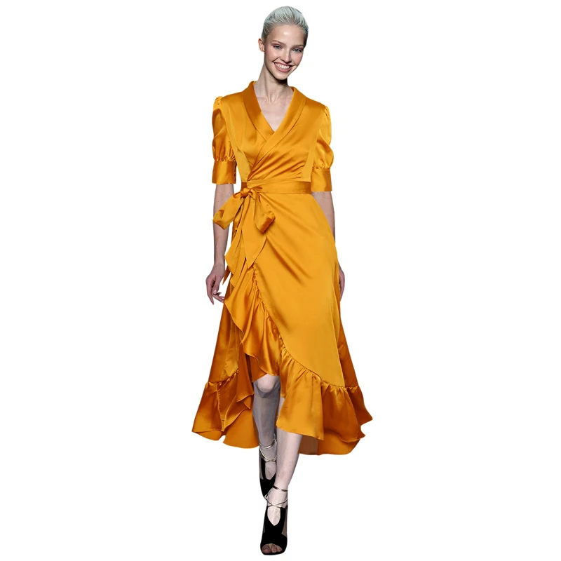 

silk ruffle dress summer 2019 bright color yellow / purple high quality runway dresses v neck half sleeve sash belt maxi dresses