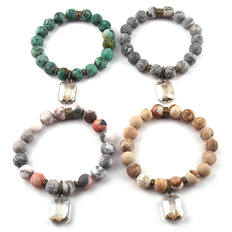 

MOODPC Fashion Jewelry Bracelets 10mm Frosted Natural Stone and Glass Crystal Charm Pendant Bracelets