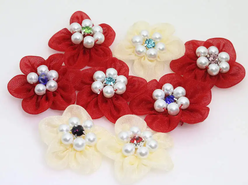 hand make beaded ribbon gauze fashion clothing accessories decorative patch sew flower 3pcs CD | Дом и сад