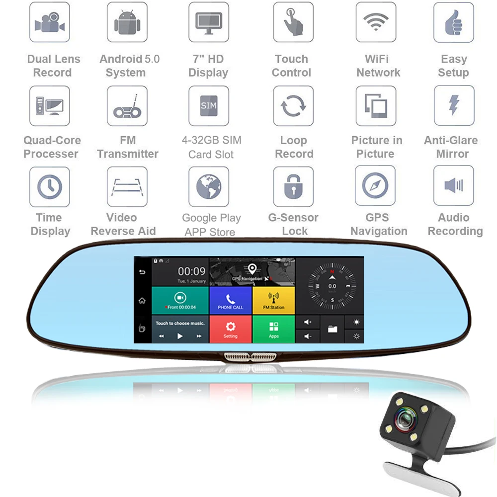 Podofo 3g Автомобильный видеорегистратор " Android 5,0 gps регистратор навигация видео рекордер Bluetooth wifi двойной объектив камера зеркало заднего вида Dashcam