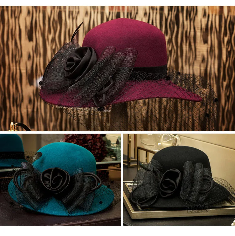 FS винтажные шерстяные фетровые шляпы с широкими полями для женщин, вуалетки с бантом, фетровые шляпы с большим цветком, синие, черные, Кепка-котелок, зимняя шапка