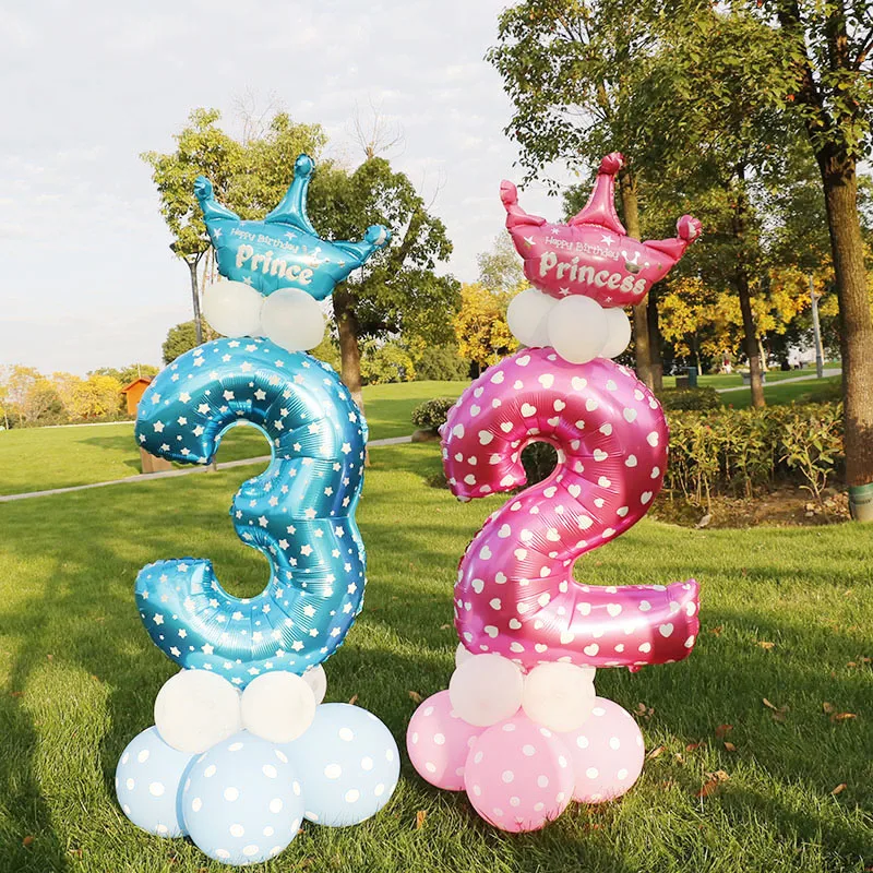 

30inch Number Set Foil Balloons 17pcs Column Baby Shower Polka Dot Latex Ballons 0-9 Year Old Birthday Party Decor Stand Globos