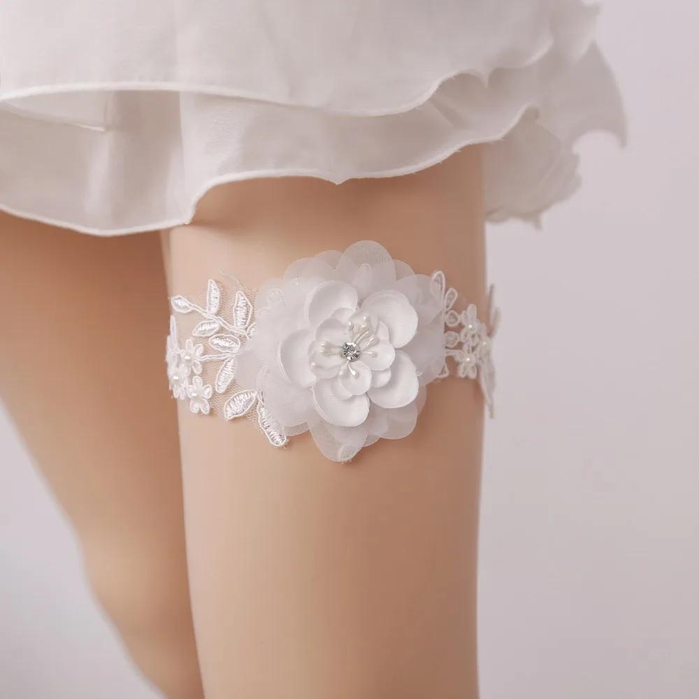 Wedding Garter Rhinestone Flower Embroidery White Sexy Garters For