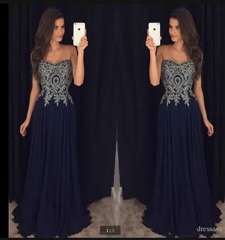 

2016 gorgeous chiffon navy blue lace appliques evening dress strapless sweetheart neck formal evening gowns best selling