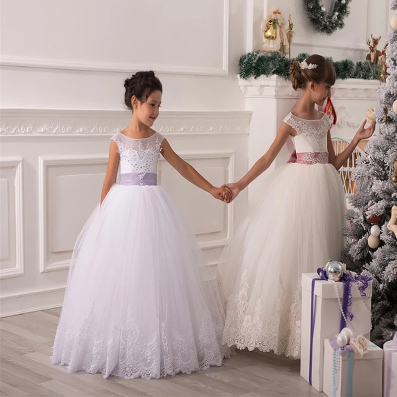 Primera Comunion/Бальные платья с цветочным узором для девочек на свадьбу, вечерние кружево с аппликацией и бисером, с бантом, шлейфом, платья для