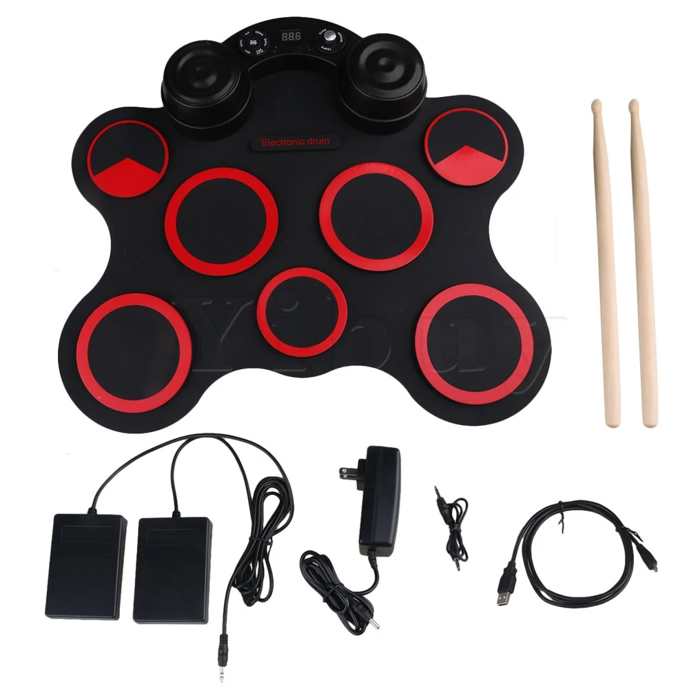 

Yibuy Black Red Portable 7 Pads Built-in Speakers USB Electronic Drum Kit