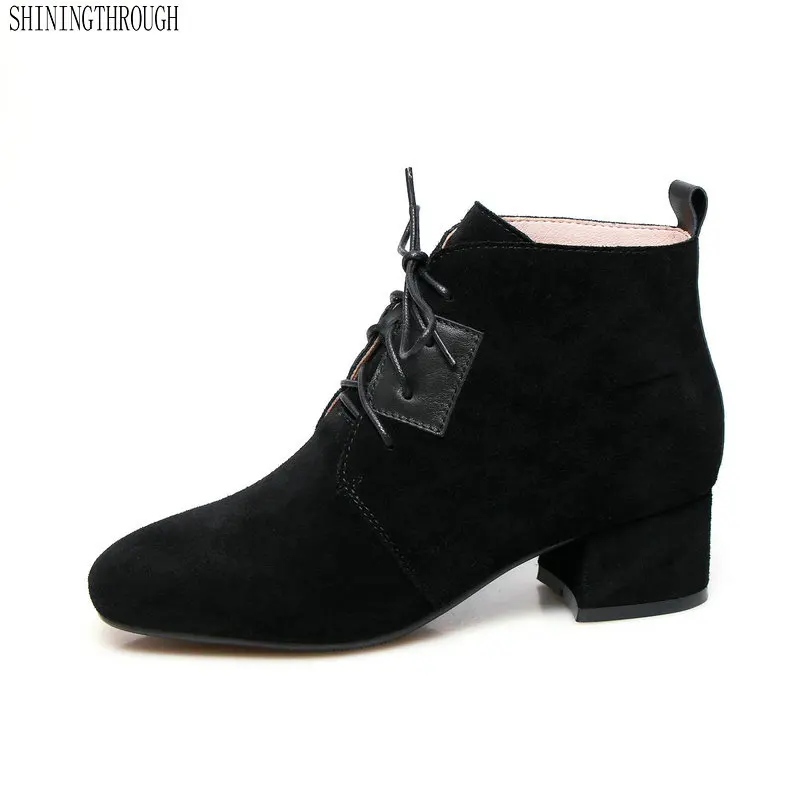 

2019 suede leather lace up low heels ankle women boots ladies casual work shoes woman large size 41 42 43