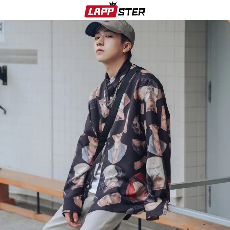 

LAPPSTER Men Streetwear Causal Shirts Long Sleeve 2019 Mens Button Vintage Fashion Shirt Male Korean Funny High Quality Clothes