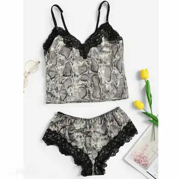 

UK Summer Women Sexy Pajamas Silk Pijamas Sleepwear Deep V Leopard Printed Summer Hot Female Sling Lingerie Set