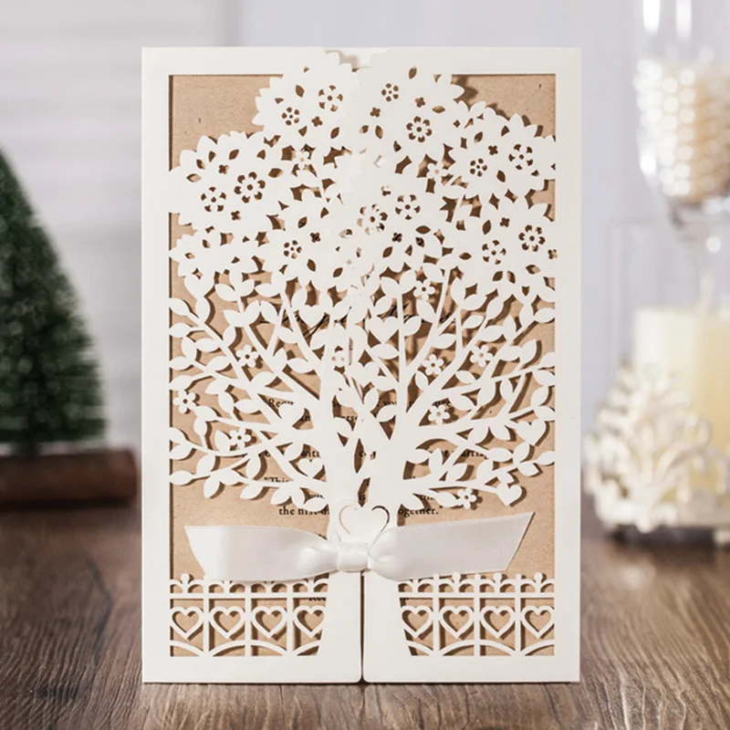 

100PCS/lot Ivory Love Tree Laser Cut Wedding Invitations Cards with Bowknot Design Cardstock for Birthday Party Favors CW6176