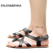 Летние мужские сандалии; кожаные пляжные сандалии-гладиаторы в винтажном стиле на Плоском Каблуке с пряжкой; дышащие мужские Вьетнамки; сандалии