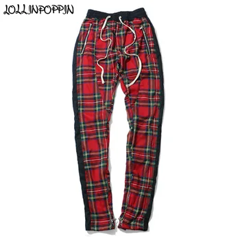 

Side Stripe Men Scottish Plaid Track Pants Slim Fit Tartan Checkered Jogger Pants Zippered Leg Opening Pencil Pants Streetwear