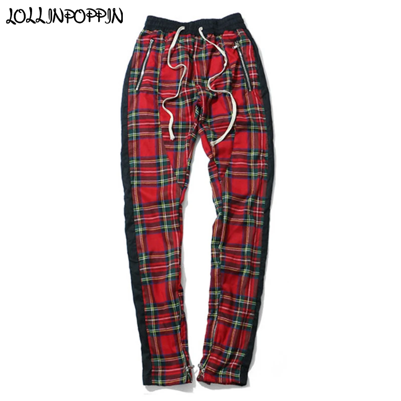 red plaid track pants